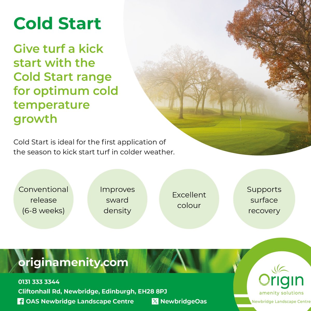 NewbridgeOas's tweet image. Have you tried our Cold Start range yet? 

Cold Start is perfect for fine turf and winter sports turf applications!

Speak to a member of our friendly team to order today:
📞 +44 131 333 3344
📧 scotlandsales@originamenity.com

#ScotlandAmenity #OriginAmenitySolutions