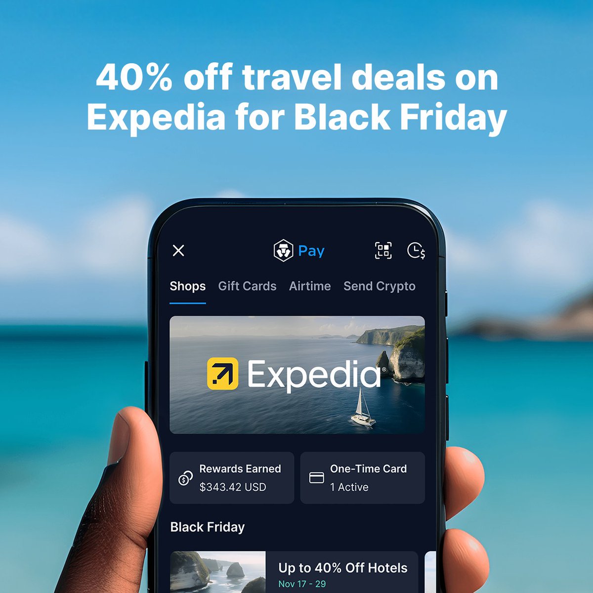 Where can your crypto take you? Anywhere in the world 🌎  https://t.co/vCNztATkNg Pay + @Expedia are offering US users exclusive Black  Friday deals: 🏨 Get 40%+ off select hotels ✈️ Extra discounts