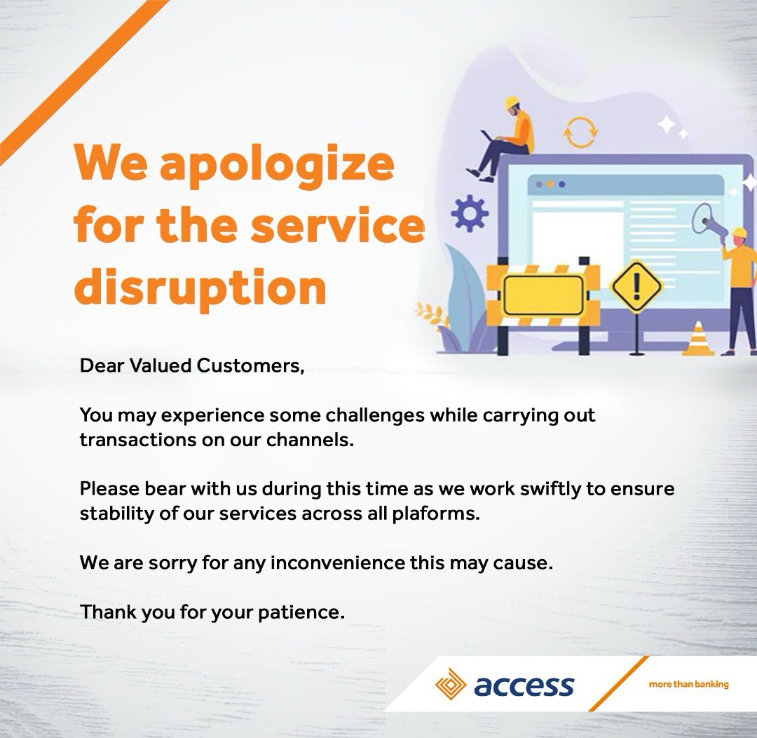 We are diligently working to establish stability across all our service touchpoints.

We sincerely appreciate your understanding as we strive to achieve this.

Thank you for your continued patience and support. 

#AccessBank
#MoreThanBanking
#AccessCares