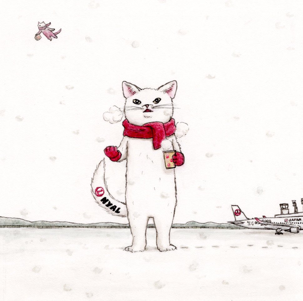 「『本日は雪により』フライト猫No.9#猫  #イラスト  #水彩  #JAL 」|エルクポットの動物群像絵🐾のイラスト