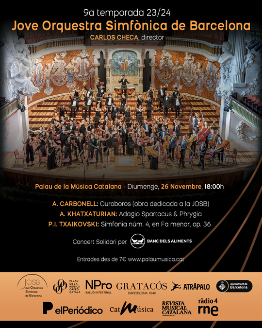 BancAlimentsBcn's tweet photo. El proper diumenge, 26 de novembre, al @palaumusicacat , la Jove Orquestra Simfònica de Barcelona (@JOSBorquestra ) realitzarà un concert solidari per al Banc dels Aliments de Barcelona. 

https://t.co/xtHN0vxV3w

Sota la direcció musical de Carlos Checa, la JOSB interpretarà un seguit de peces que, de ben segur, seran el millor reconeixement per a la quinzena edició del Gran Recapte.

Aquesta serà la tercera ocasió en què la JOSB, dirigida per Carlos Checa, faci aquest reconeixement al Banc dels Aliments amb motiu del Gran Recapte.

#simfònica #patrimonicatalà #músicauniversal