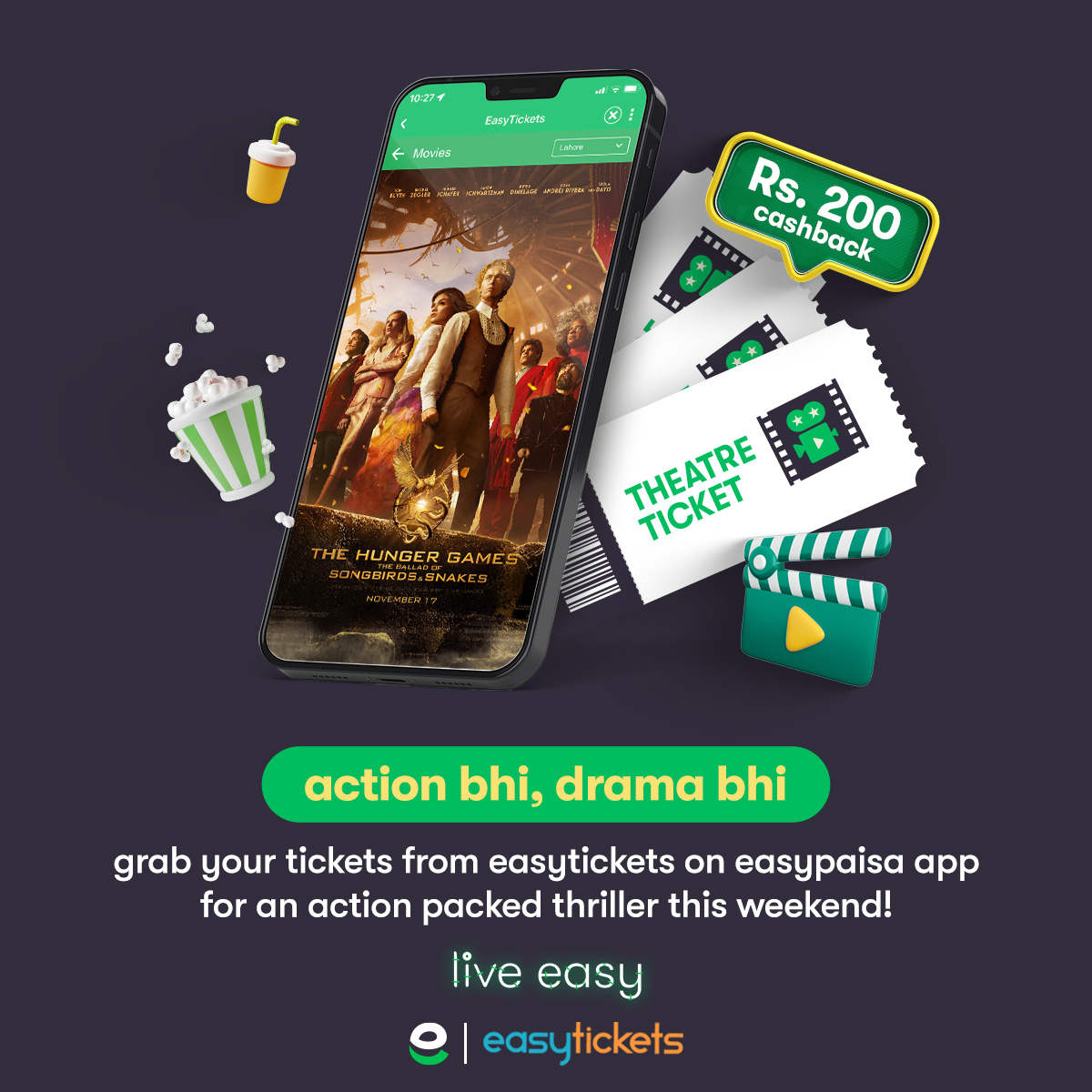 easypaisa's tweet photo. Experience endless action and suspense, guaranteed with the seamless booking on easytickets for The Hunger Games!🎬🍿
Plan your weekend now: https://t.co/vphuPitVIl 💚
For additional details: https://t.co/COuKTqljPm 💚
#easypaisa #liveeasy #easytickets https://t.co/zqRxpWt0MC