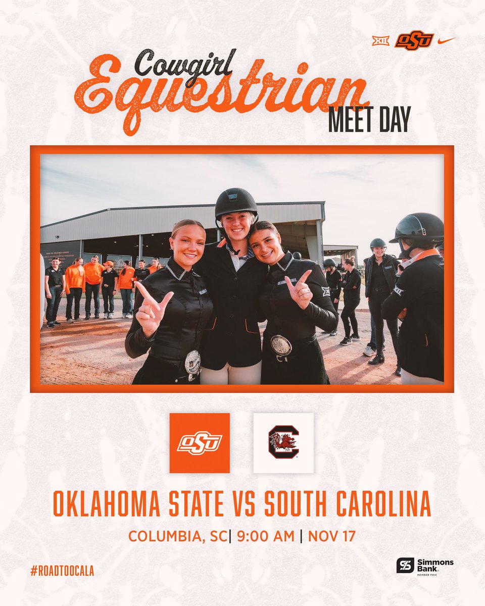 Meet day out east!

🤠 vs. 🐔
⏰ 9 a.m.
📍 One Wood Farm
💻 gamecocksonline.com/equestrian-liv…

#GoPokes | @simmons_bank