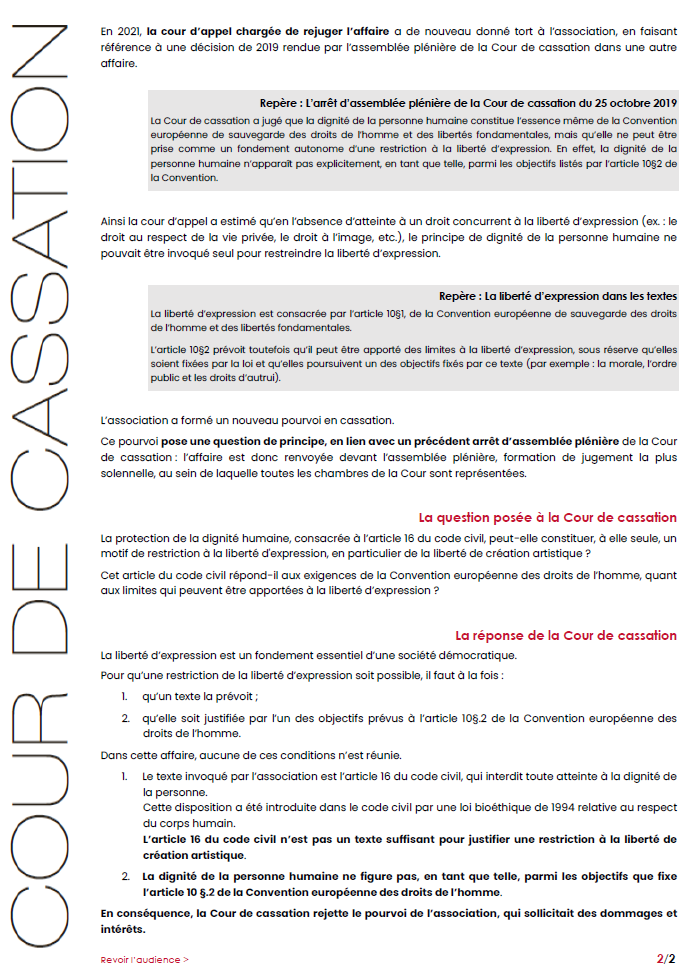 Courdecassation's tweet photo. ⚖[Communiqué] Il ne suffit pas de soutenir qu’une œuvre porte atteinte à la dignité humaine pour obtenir des mesures entravant l’expression artistique.
👓Lire le communiqué et la décision > https://t.co/SeXlBLwNdA https://t.co/fjnZFC7FWs