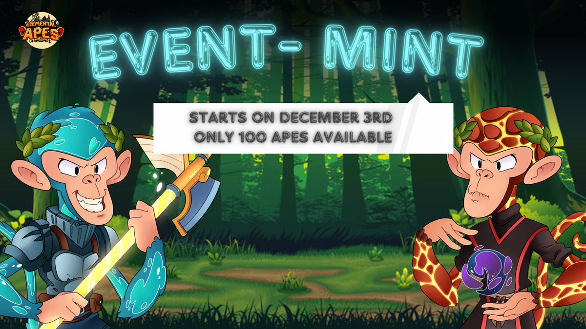 ElementalApes's tweet photo. 🐒🔥 ElementalApes Mint! 🐒🔥

🎉 100 NFTs at 0.15 $EGLD each! 
🎮 @ElrondAntsclub game with $EGLD prizes starts on December 3rd! 
🖼️ Open mint for fresh traits!

Join us, and get ready to play!! 🚀
#MultiversX #ElementalApes #NFTs https://t.co/Zn33Iq9LpZ