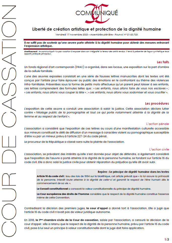 Courdecassation's tweet photo. ⚖[Communiqué] Il ne suffit pas de soutenir qu’une œuvre porte atteinte à la dignité humaine pour obtenir des mesures entravant l’expression artistique.
👓Lire le communiqué et la décision > https://t.co/SeXlBLwNdA https://t.co/fjnZFC7FWs