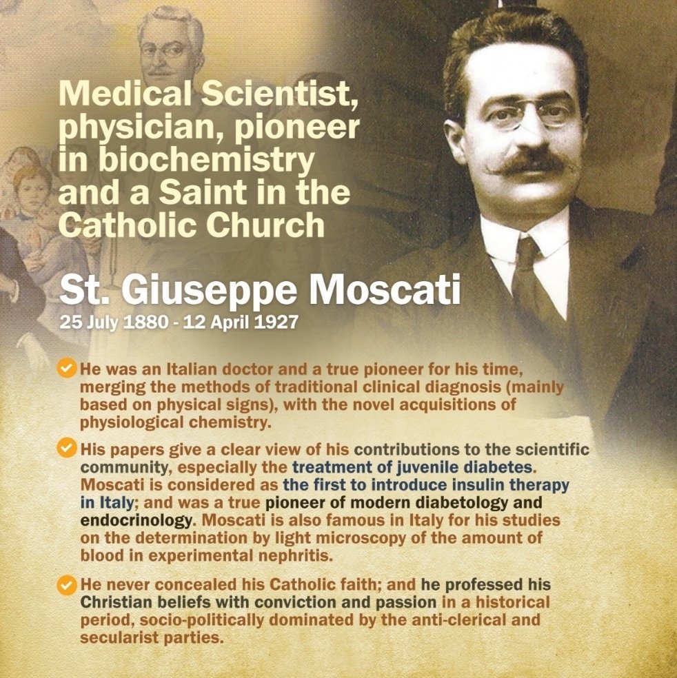 #FeastDayNov16th Pioneer in biochemistry and a Saint - St. Giuseppe Moscati (25Jul 1880-12Apr 1927). Contributed to the treatment of juvenile #diabetes. Also the first to introduce #insulin therapy in #Italy 🇮🇹 and was a pioneer of modern diabetology and endocrinology. #STEM