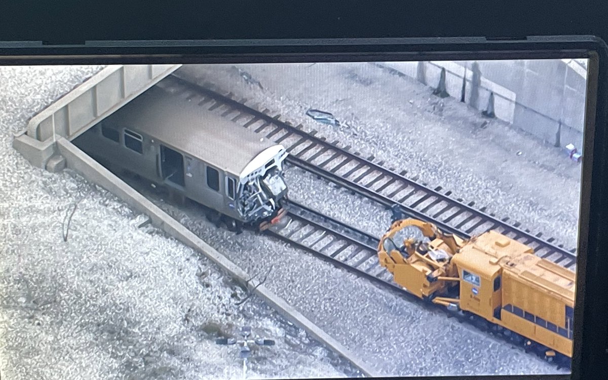 Yellow line train that collided with a piece of equipment remains on the tracks as you approach the Howard Station. You can see significant damage to the front end. NTSB is investigating.