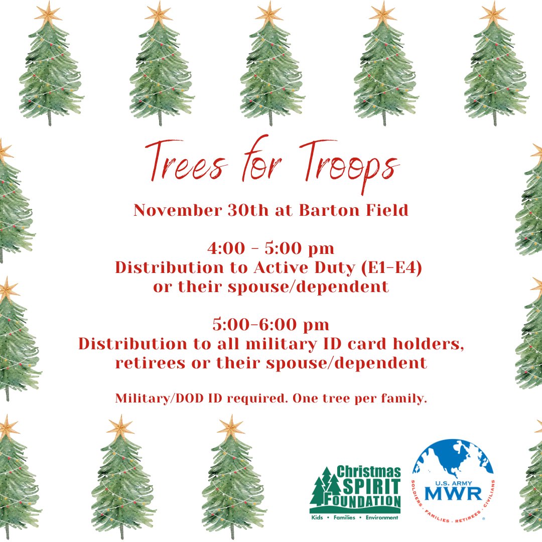 FtGordonMWR's tweet image. Don&apos;t forget that Trees for Troops is a part of this year&apos;s Christmas Festival on November 30th!

#EisenhowerMWR #TreesforTroops