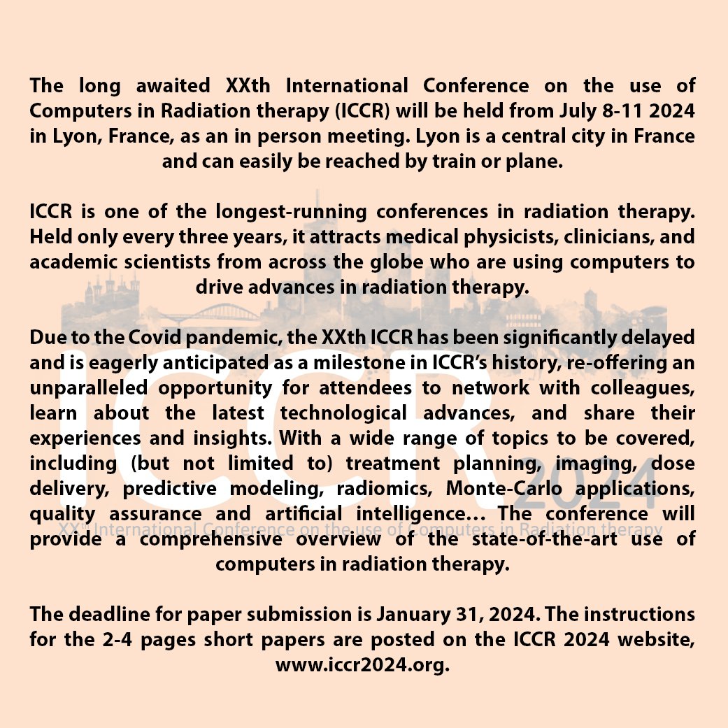 📢Abstract submission is now open! We’re looking forward to receiving all the exciting advancements in your research in 2-4 page paper format before January 31, 2024📅Instructions for submission are available at iccr2024.org/abstract.html📑
#ICCR2024 #CallForAbstracts #Radiotherapy