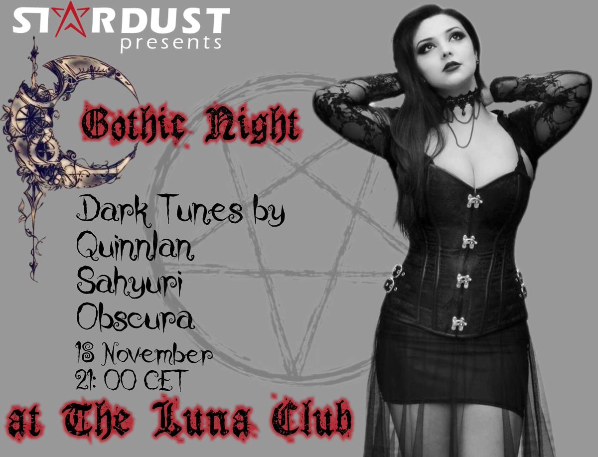 🌘 The Luna - Gothic Club 🌙   
Sat, Nov 18th, 9:00 PM - Sun, Nov 19th, 2:00 AM
Join our dark celebration with dark tunes 
by Quinnlan, Sahyuri  &amp; Obscura

bunnybot.web.app/id/uoXSly1WpbL…