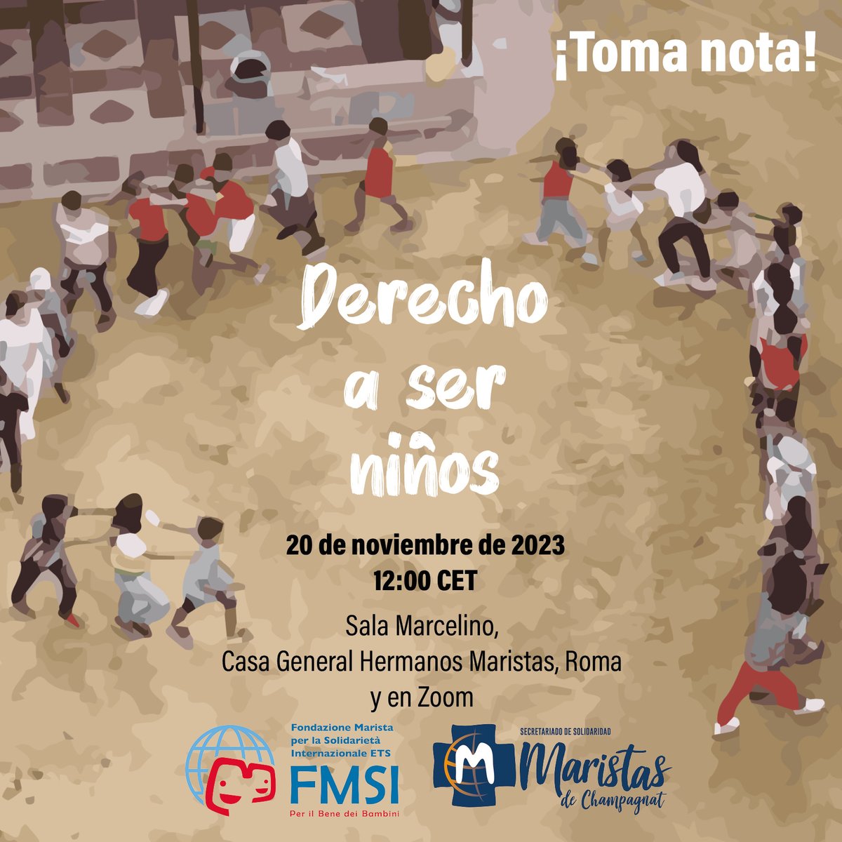 The "Right to be Children" event is just around the corner.
Join us on November 20, 2023, from 12:00 - 1:00 p.m. CET via Zoom as we celebrate #WorldChildrensDay with FMSI, the Secretariat of Solidarity, and the Marist Global Family.

⭐️Register forms.gle/YXdBEdwDAXUFr8…