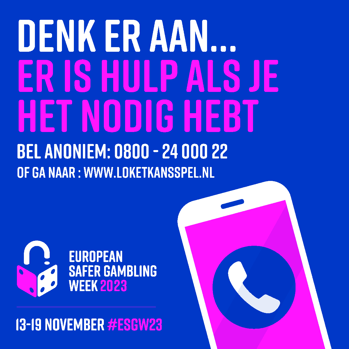 🇪🇺 EUROPESE VEILIG GOKKEN WEEK :      

Er is hulp als je het nodig hebt.

Heb je het gokken niet meer onder controle of twijfel je over je gokgedrag, surf naar <a href="/loketkansspel/">Loketkansspel</a> of bel gratis met de AGOG: 0800 – 22 777 22  #ESGW23