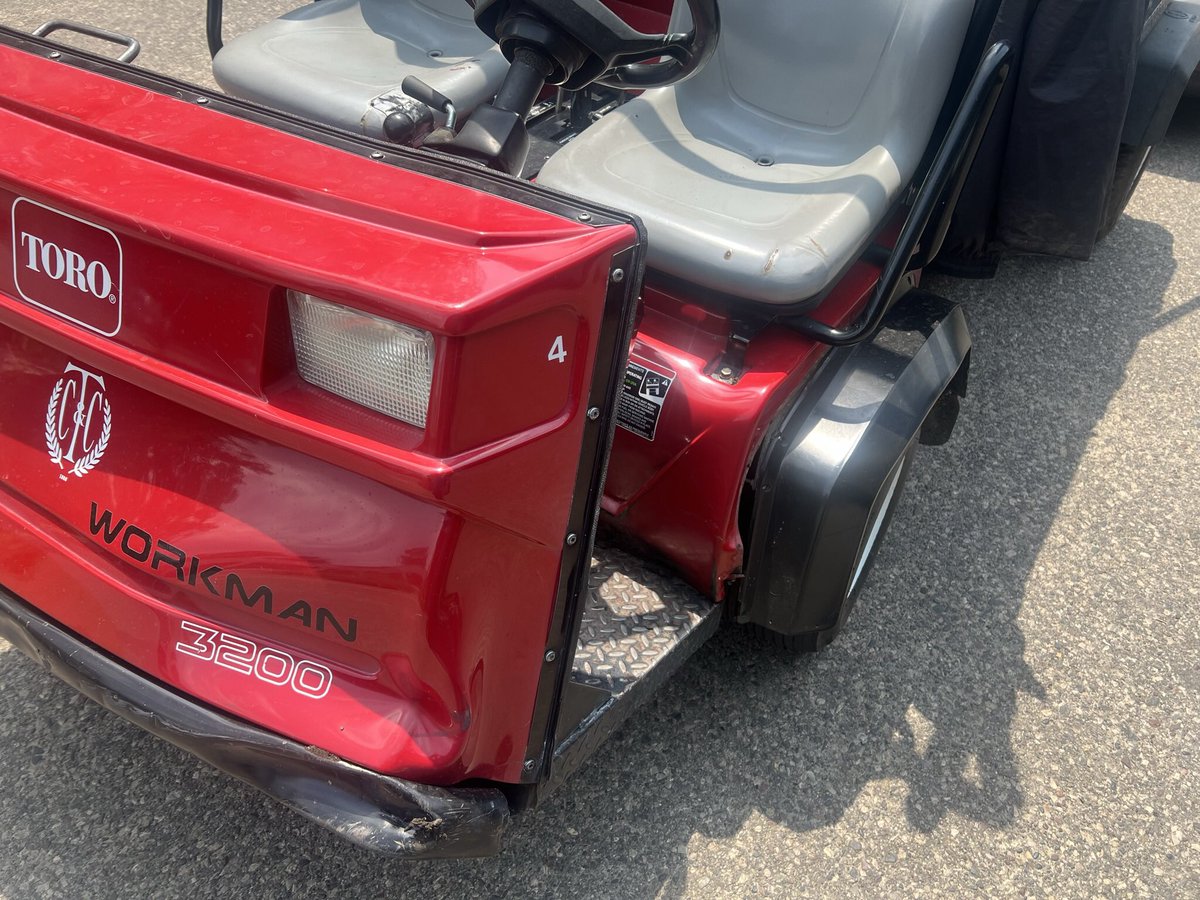 CBraunEM's tweet image. An incident earlier this season put this shiny old Workman out of service with a bent frame.  I was skeptical at 1st, but aside from some scrap for a new bumper, I got it back in action without replacing any parts..which is good since many have been discontinued. #fallproject