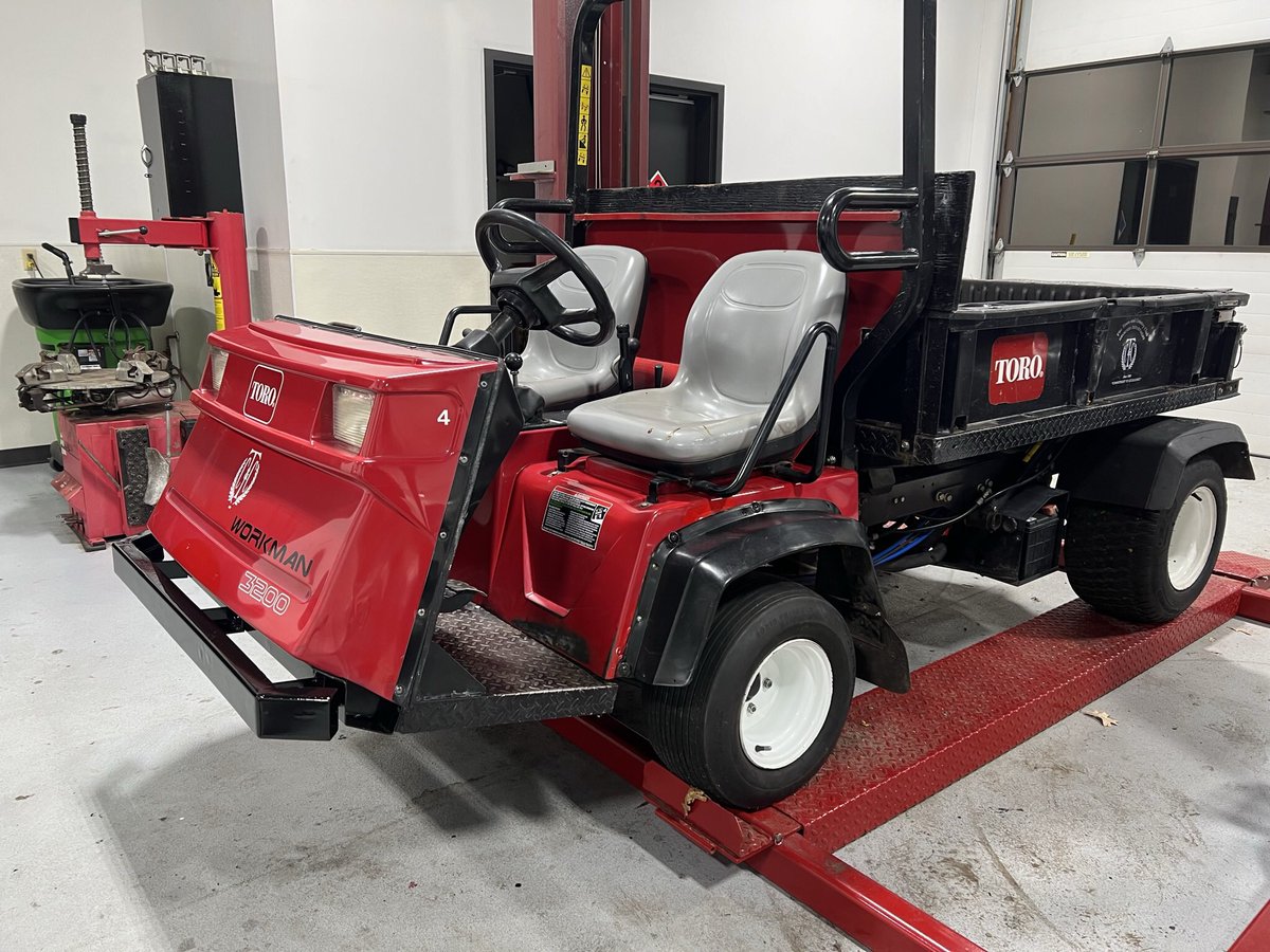 CBraunEM's tweet image. An incident earlier this season put this shiny old Workman out of service with a bent frame.  I was skeptical at 1st, but aside from some scrap for a new bumper, I got it back in action without replacing any parts..which is good since many have been discontinued. #fallproject