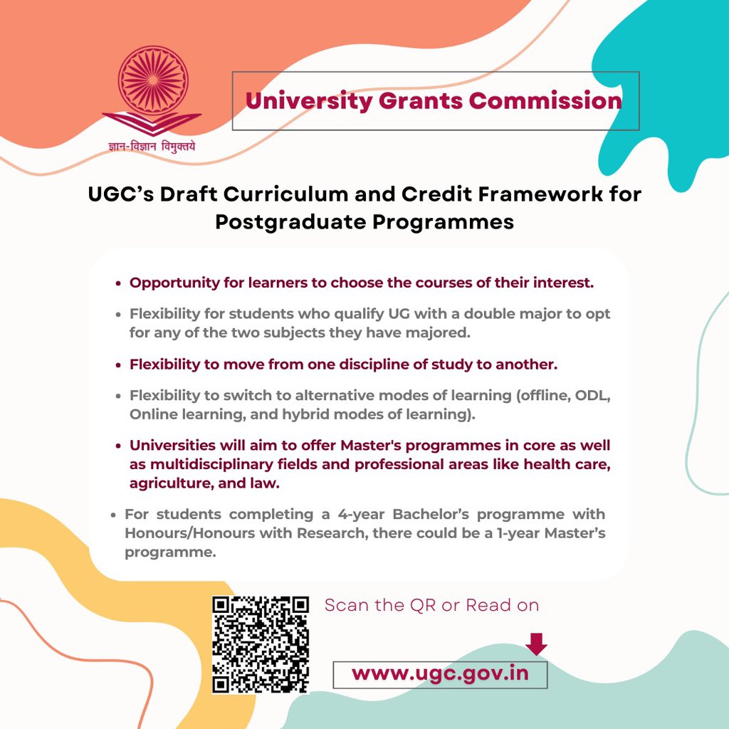 ugc_india's tweet image. The UGC Draft Curriculum and Credit Framework for PG Programmes aim to offer more flexibility and a multidisciplinary approach. Read the full document to know more- ugc.gov.in/pdfnews/382673…

All are invited to provide suggestions, comments, or feedback on the draft at…