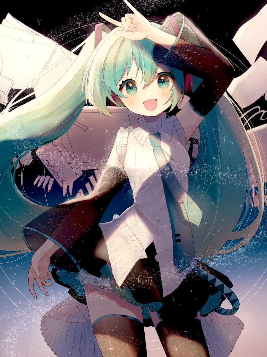 hatsune miku 1girl solo twintails long hair smile necktie detached sleeves  illustration images