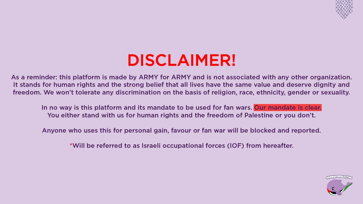 ARMY4Palestine's tweet image. Army for Palestine's official statement and stance.
#ARMYforPalestine #FreePalestine