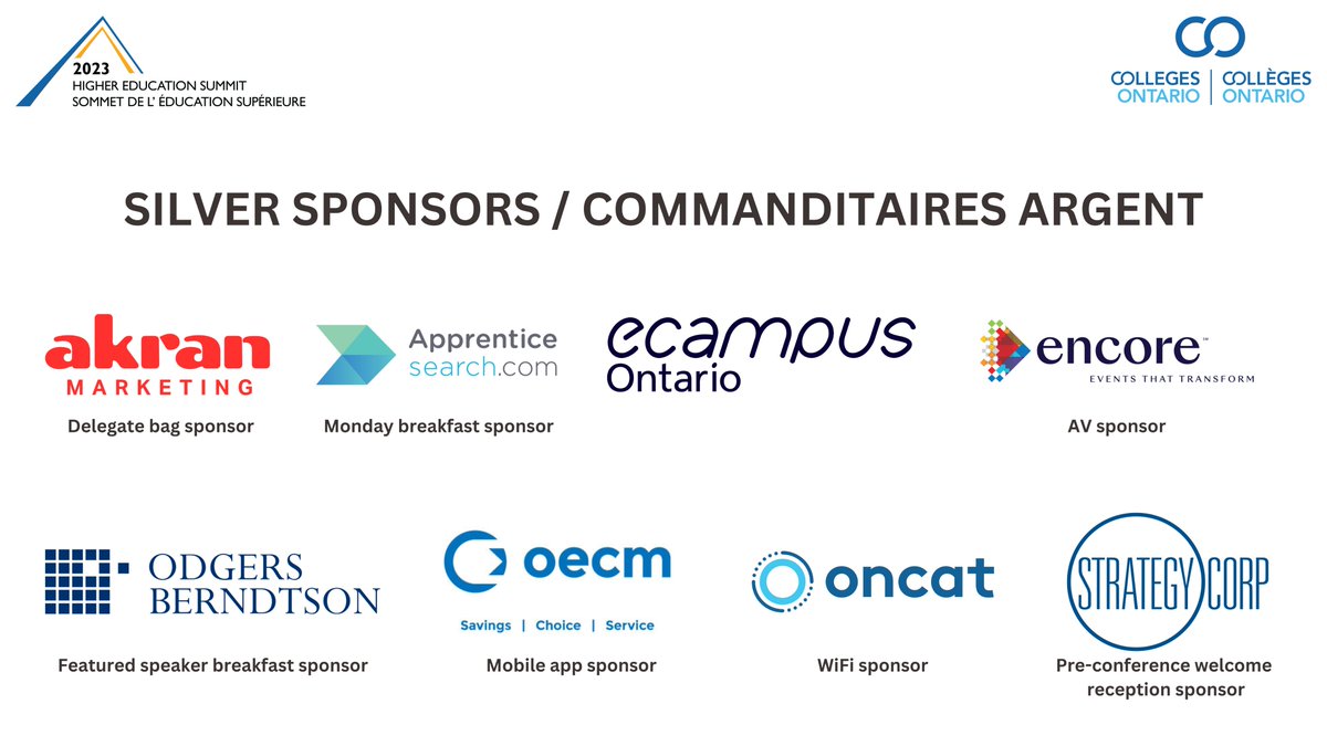 We are thrilled to introduce the Silver sponsors for the 2023 Higher Education Summit. Their support is what makes the conference a success. rb.gy/18nbo #2023HES #cdnpse @fordnation @AkranMarketing @HIEC_appsearch @eCampusOntario @encorecanada @odgersberndtson…