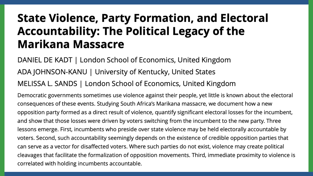 What are the electoral consequences of democratic governments using violence against their citizens? @dandekadt, @AdaJKanu, & @melissaleesands demonstrate how & and when voters hold incumbents electorally responsible. #APSRFirstView ow.ly/Wria50Q6860