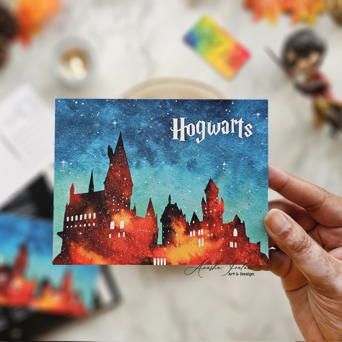 AnushaIvaturi's tweet photo. Hogwarts Castle Postcard ♡
Painted a galaxy version inspired from the series ✨️
Are you a Potterhead? 🦉🔮
If yes, I have a fun collection of postcards &amp; Holographic Stickers you'd like! 
LIVE on my website now :)
#HarryPotter #hogwartscastle #harrypotterstickers #potterhead https://t.co/YdEsQnPi93