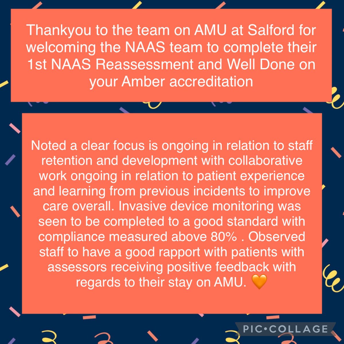 Thankyou to the staff on AMU <a href="/SalfordCO_NHS/">Salford Care Organisation</a> for welcoming the NAAS team to complete their 1st NAAS reassessment, Well Done on your Amber accreditation🧡🤩<a href="/NEWSEAU/">Emergency Assessment Unit</a> <a href="/JaneGarforth1/">Jane Garforth</a> <a href="/hcarterrje/">helen carter</a> <a href="/jacqui_burrow/">Jacqui Burrow</a> <a href="/heathercaudle/">Professor Heather Caudle</a> <a href="/lisa8coleby9/">Lisa Israel</a> <a href="/NCAlliance_NHS/">Northern Care Alliance NHS Foundation Trust (NCA)</a>