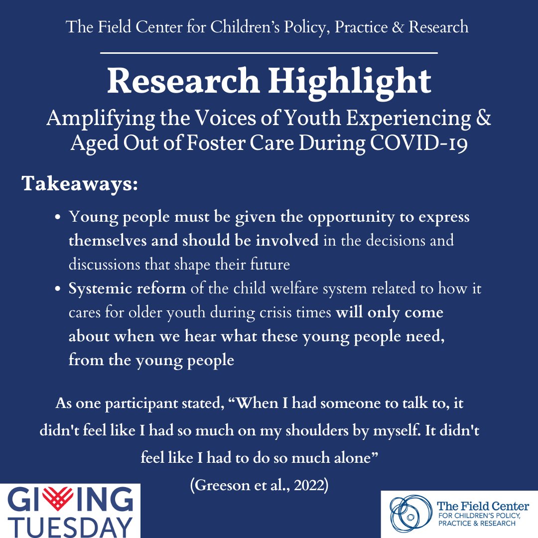 The Field Center (@fieldcenter) on Twitter photo This #GivingTuesday, let's make a difference for youth with #fostercare experience impacted by disasters like COVID-19. Our study, in collaboration with <a href="/ImpactSP2/">Center for High Impact Philanthropy</a>, addressed the mental health needs of this population and explored strategies for resilience.
#Research #DoGood This #GivingTuesday, let's make a difference for youth with #fostercare experience impacted by disasters like COVID-19. Our study, in collaboration with <a href="/ImpactSP2/">Center for High Impact Philanthropy</a>, addressed the mental health needs of this population and explored strategies for resilience.
#Research #DoGood