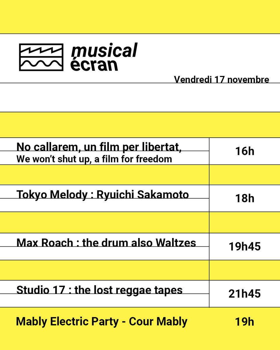 𝗩𝗘𝗡𝗗𝗥𝗘𝗗𝗜 𝟭𝟳 𝗡𝗢𝗩𝗘𝗠𝗕𝗥𝗘 - 𝗟'𝗛𝗘𝗨𝗥𝗘 𝗗𝗘𝗦 𝗚𝗘́𝗡𝗜𝗘𝗦🧞

👊 16h - No Callerem, un film per libertat

 🗼 18h - Tokyo Melody : Ryuichi Sakamoto

 🥁 19h45 - Max Roach : The Drum Also Waltzes

 🇯🇲 21h45 - Studio 17 : The lost reggae tapes

#MusicalEcran