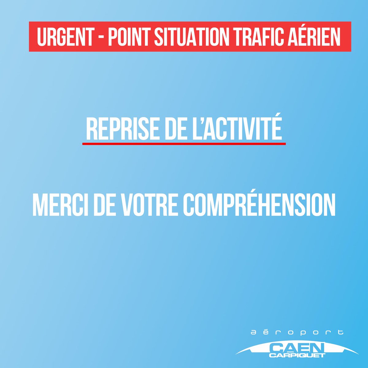 Retour à la normale à l’aéroport à la suite des levées de doute par les équipes de déminage ✅

Reprise de l’activité immédiate 🛫

Merci de votre compréhension !