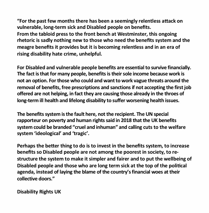 Disability Rights UK have issued a statement this afternoon, a response to the Chancellor Jeremy Hunts announcement on proposed benefit changes. 

The dangerous language issued deserves a truthful response. Please share. #benefits #JeremyHunt