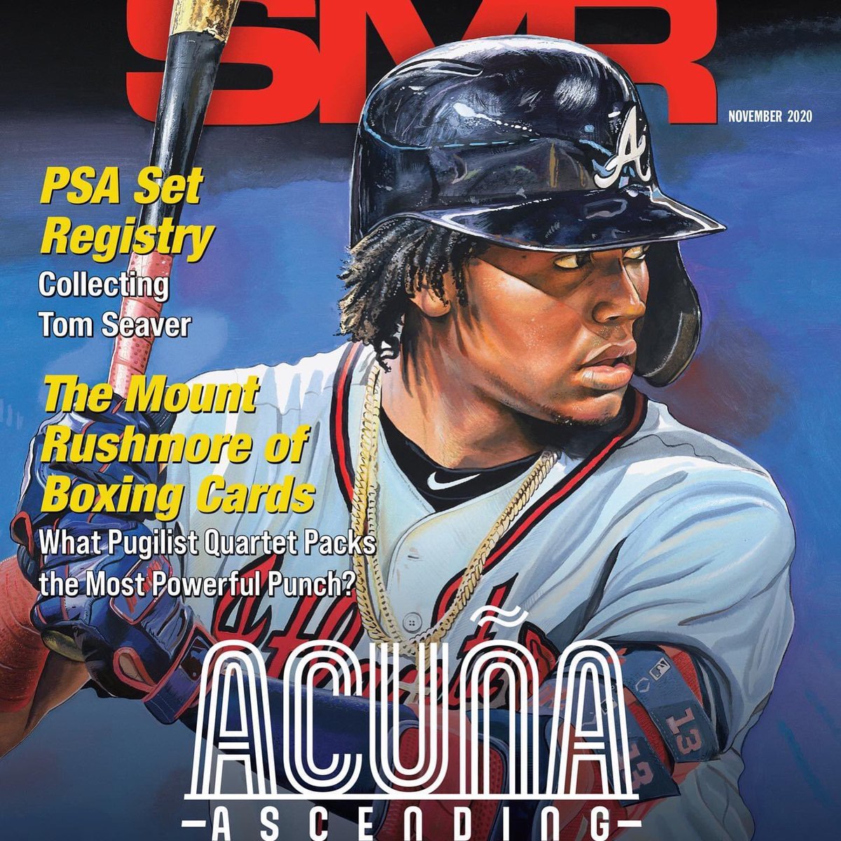 Sharing two of the original watercolors I painted of Ronald Acuña Jr, named #NLMVP  yesterday. 

The 1st, signed by #Acuña, is one of my newest paintings of the #Braves outfielder. The 2nd I painted for the cover of the  November 2020 SMR Magazine (now #PSA Magazine)
