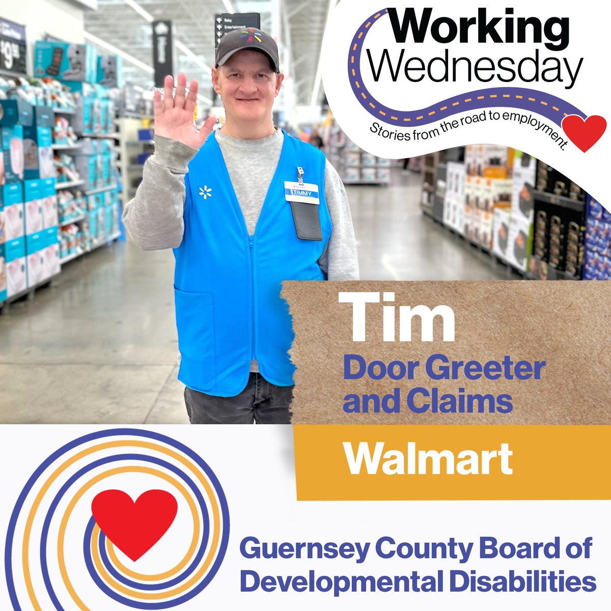 Meet Tim! He works at Walmart as a Door Greeter and is training to work in the claims department, where he loads trucks with customer returns and helps with the clearance aisle. 
Contact the GCBDD at 740-439-4451 to learn more about DD employment.