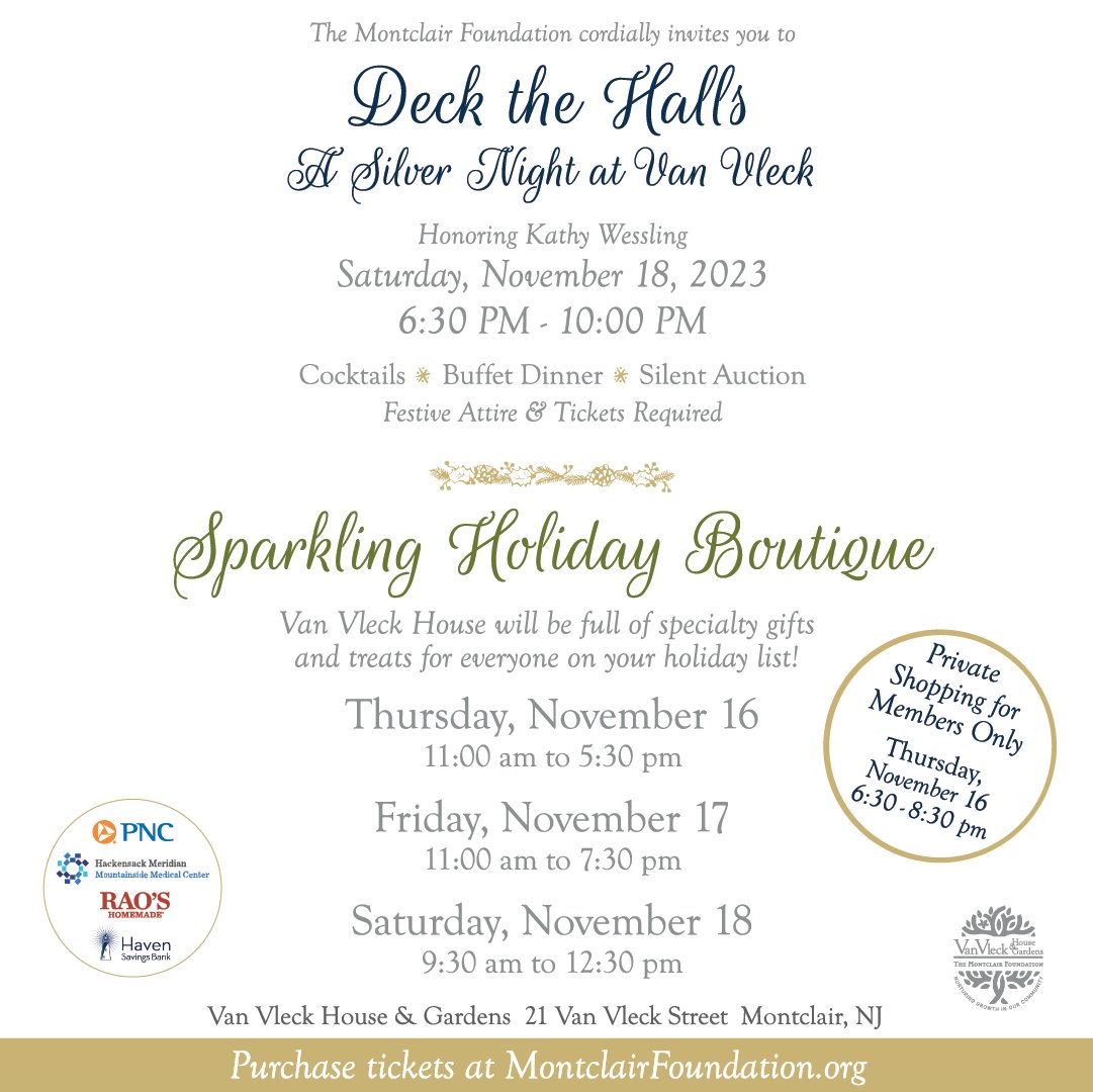Ready for a dazzling #DecktheHalls evening?  Join us Saturday for A Silver Night at Van Vleck.  Cocktails, a delicious dinner &amp; a silent auction all in a festive atmosphere to brighten your weekend.

#vanvleckhouseandgardens #themontclairfoundation #montclairnj #eventsatvanvleck