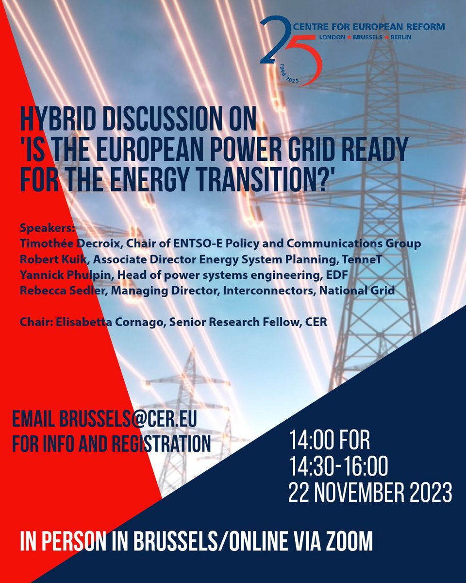 Join us: 'Is the European power grid ready for the energy transition?', 22 November With @ElisabettaCo, Timothée Decroix @ENTSO_E, Robert Kuik, TenneT, Yannick Phulpin @EDFofficiel and @RebeccaSedler @nationalgrid Email brussels@cer.eu for info