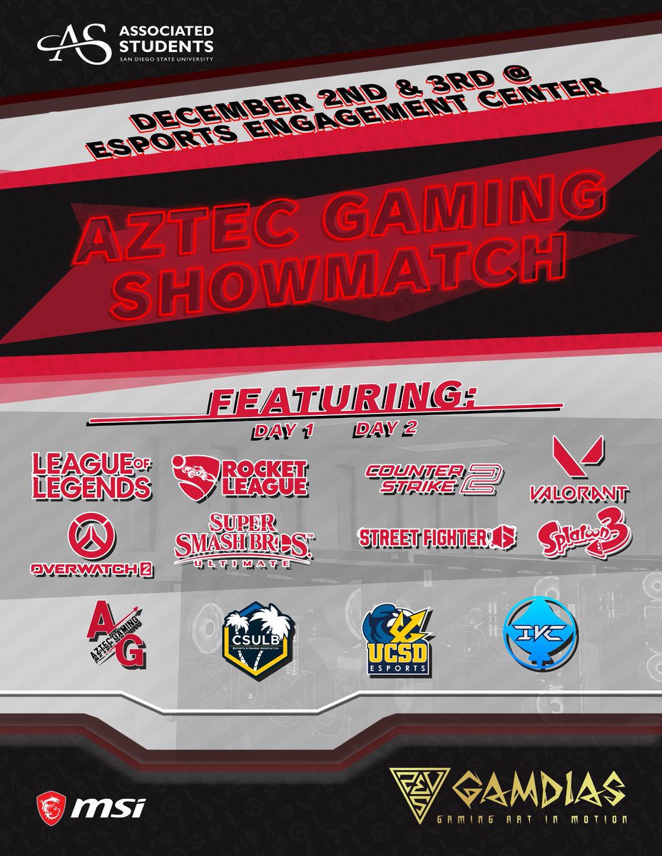 🎮 Exciting News!🕹️ We’re hosting the Aztec ShowMatch at SDSU's Esports Center! 🏆 Watch our gamers compete against other schools in your favorite games on Dec 2-3! 📅 Support SDSU by tuning into the stream on Twitch!👾 #SDSUEsports #AztecShowMatch

🔗 twitch.tv/AztecGamingSDSU