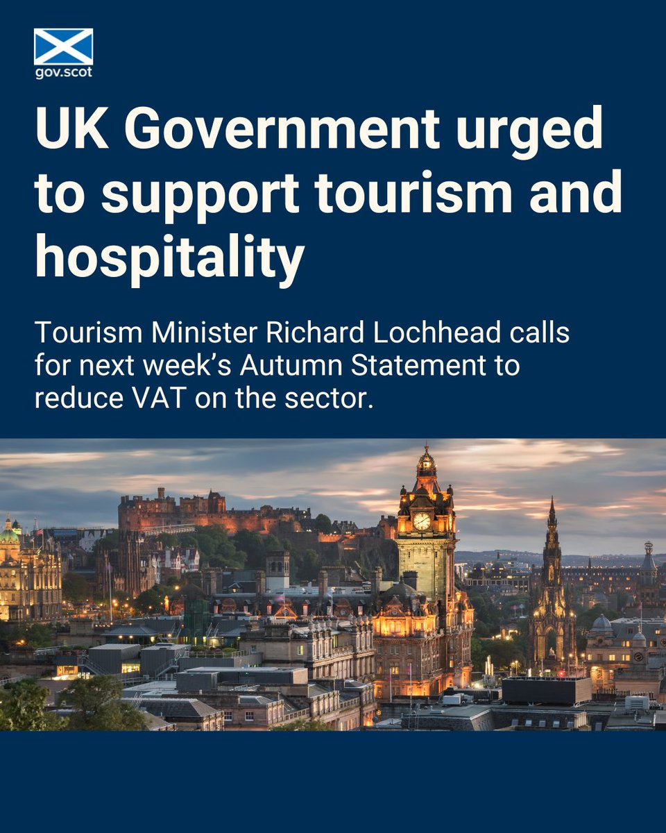 Tourism Minister <a href="/RichardLochhead/">Richard Lochhead</a> has written to the UK Government ahead of the Autumn budget statement calling for a reduction in VAT to support Scotland's tourism and hospitality sector.
 
Read the Minister’s letter here ▶️ bit.ly/VATreduction