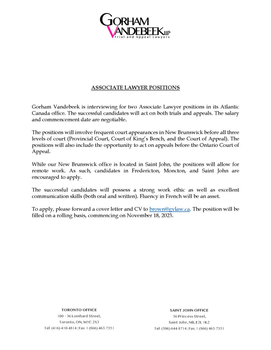 gorhamlaw's tweet photo. We are looking for two new associates in our Atlantic Canada office. This is an opportunity to be involved with important and interesting criminal trial and appeal litigation. Salaries are negotiable. We intend to interview on a rolling basis. Applications to brown@gvlaw.ca https://t.co/tlme0WJOGN