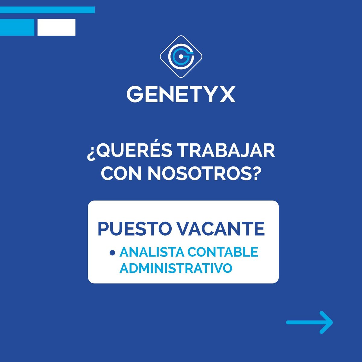 genetyxsa's tweet photo. TE ESTAMOS BUSCANDO‼️
¡¡Animate a ser parte del equipo Genetyx!!
✅ Puesto vacante para Analista Contable Administrativo
.
Si estás interesad@ y cumplís con los requisitos, postulate.
Mandanos tu CV con foto a 📧talentos@genetyx.com.py
(+) https://t.co/DDZhVmBjqQ
