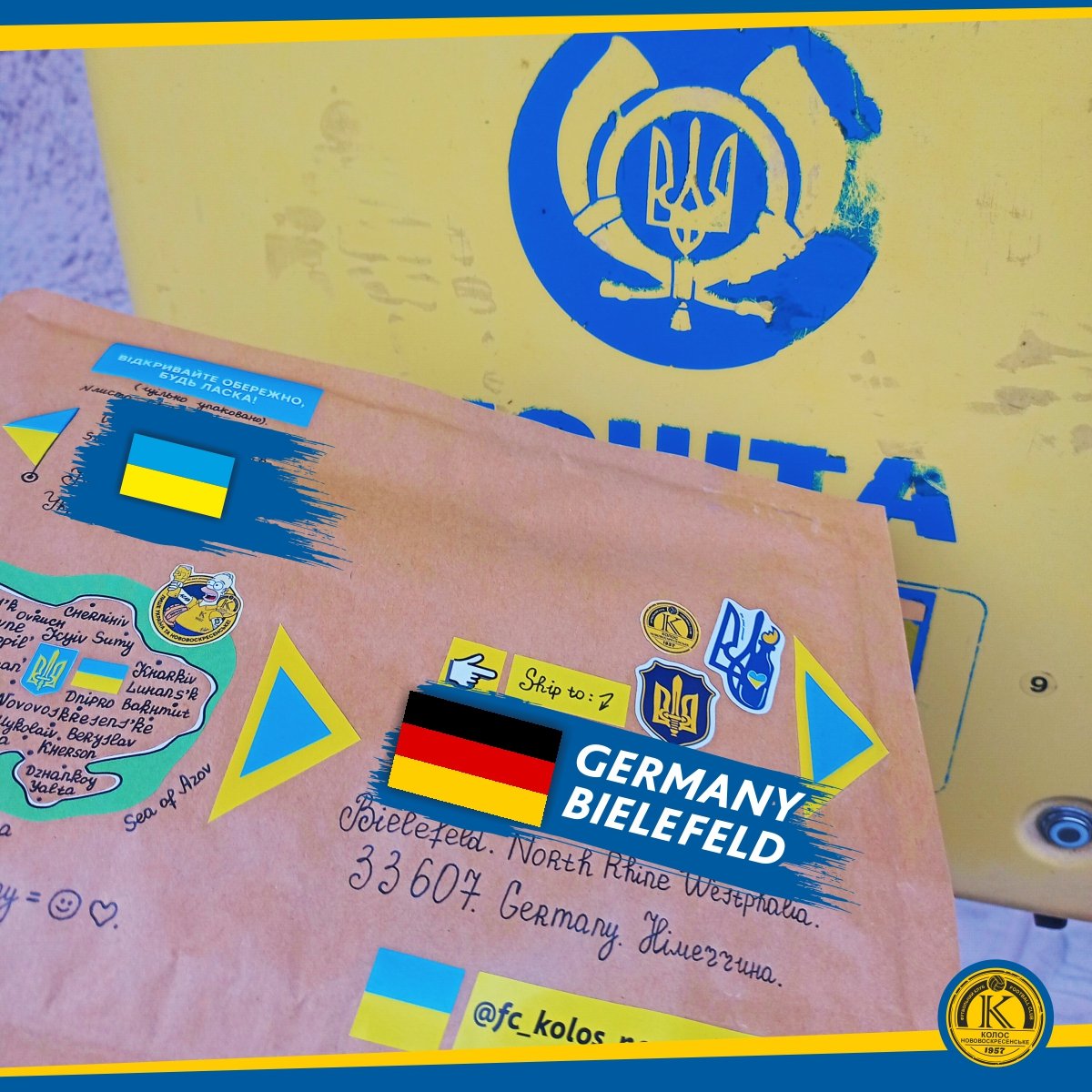 UkroArt's tweet photo. We thank our foreign friends for supporting creative projects, their own position and ordering calendar! This time a letter to Bielefeld… Westphalia is with us 🫂🔥🇺🇦🤝🇩🇪 #Bielefeld #Westphalia #ArminiaBielefeld #Stickers #UkraineStickers #Groundspotting #CalendarUkraine https://t.co/5TsYEKrxEv
