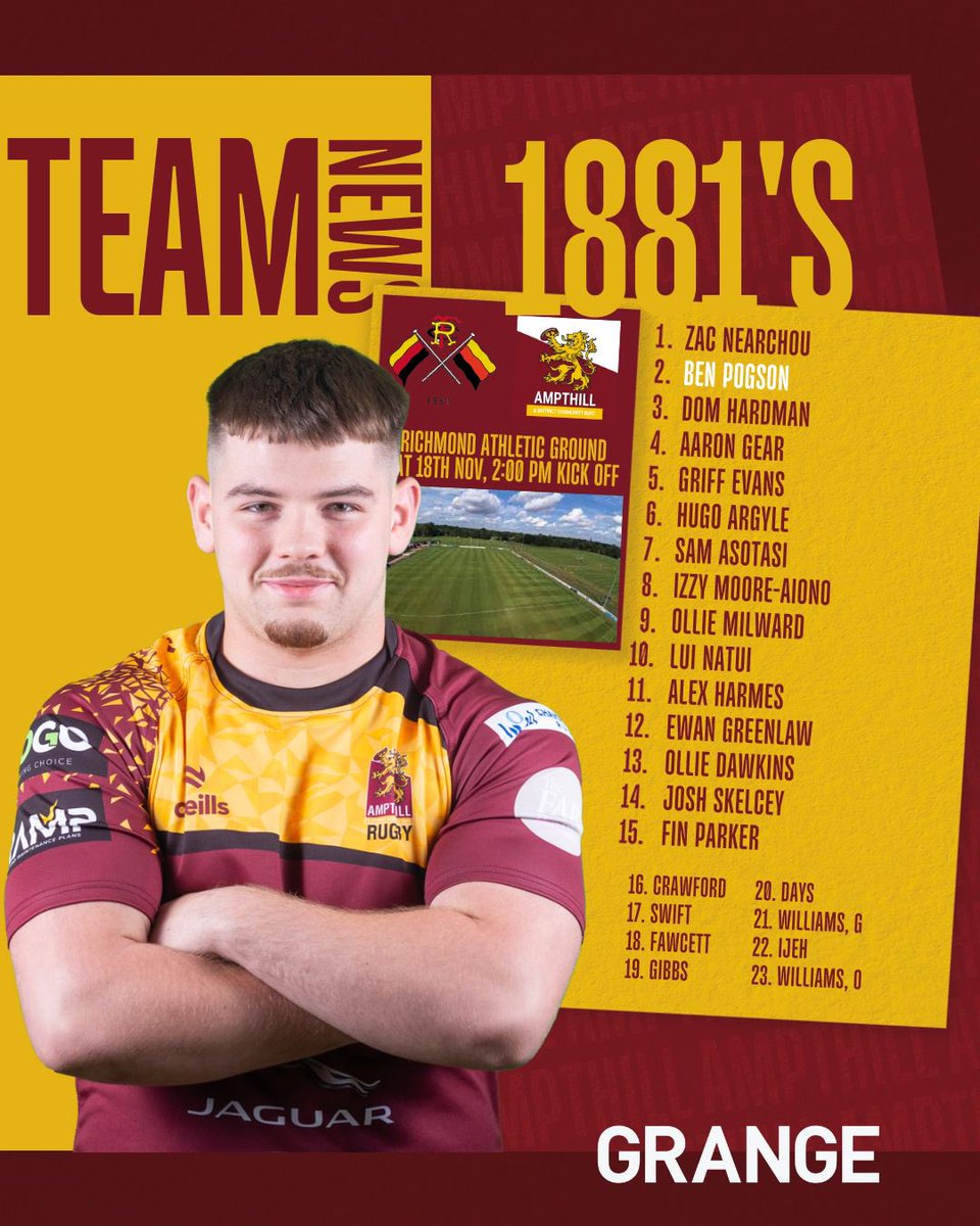 AmpthillRufc's tweet photo. 𝟙𝟠𝟠𝟙𝕤 𝕋𝔼𝔸𝕄 ℕ𝔼𝕎𝕊

Gav Williams has named his team for the club’s second trip to The RAG this weekend as the 1881 take on the Vikings 🏉

🏟️ Richmond Athletic Ground 
🆚 @RichmondFC1861 Vikings 
🏆 Halbro Raging Bull Div 1 
📅 Sat 18th Nov 
⏰ 2pm https://t.co/lmSCPQFzjo