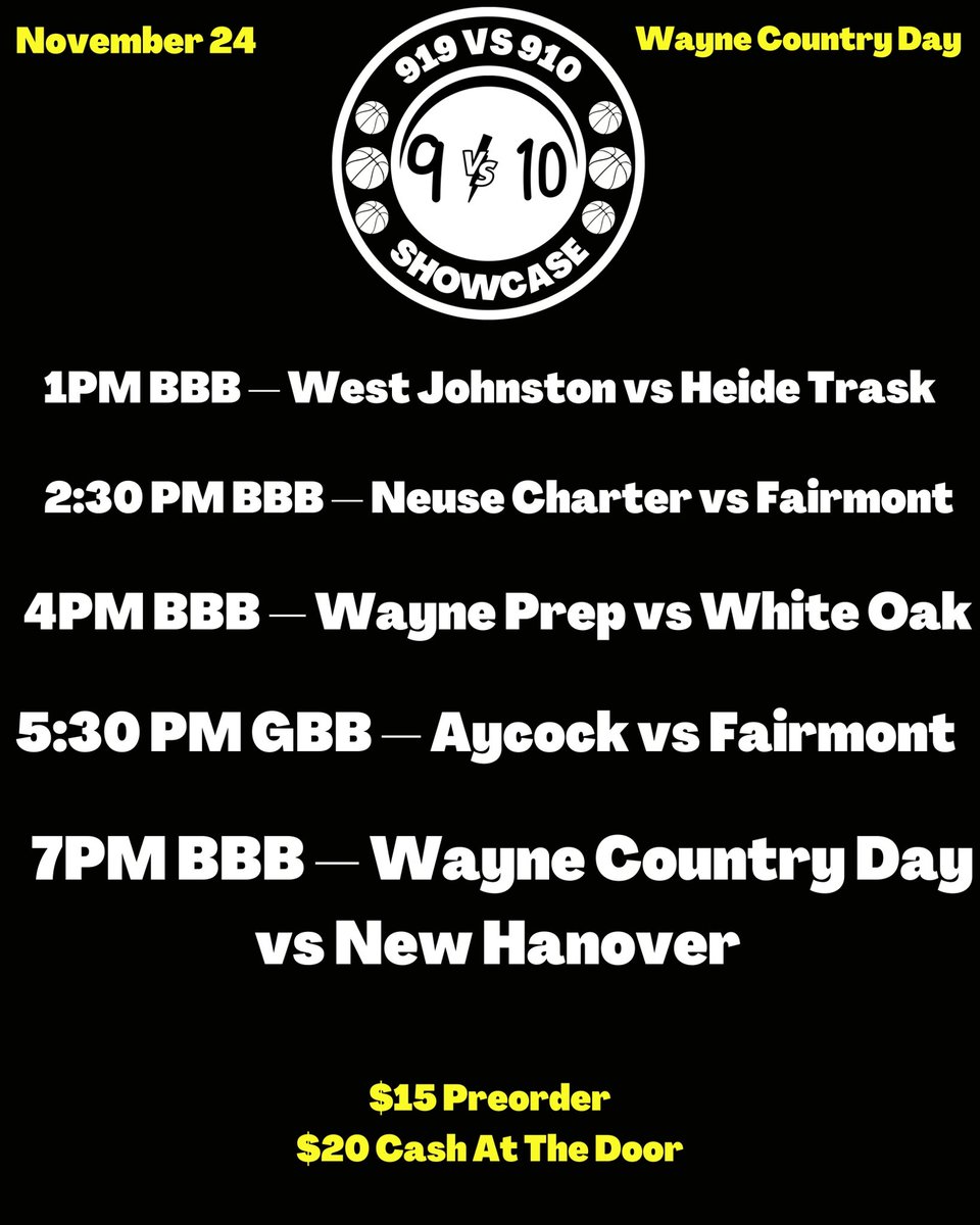 ONE WEEK AWAY! 
The 9️⃣1️⃣9️⃣🆚9️⃣1️⃣0️⃣ Showcase takes place at Wayne Country Day on November 24th! Presale tickets now available! Only 400 available! $15 pre sale or $20 at the door! form.jotform.com/233203054126139