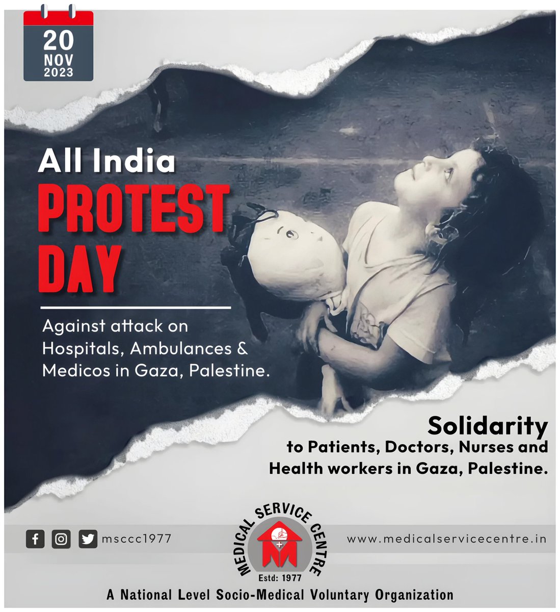 MSC appeals to all the well meaning people of the country in its call to observe 20th November as Nationwide Protest &amp; Solidarity Day for Palastine.

#Gaza_War #gaza
#GazaGenocide #GazaUnderAttack #FreePalestine #stopwar #MedicalServiceCentre #MSC