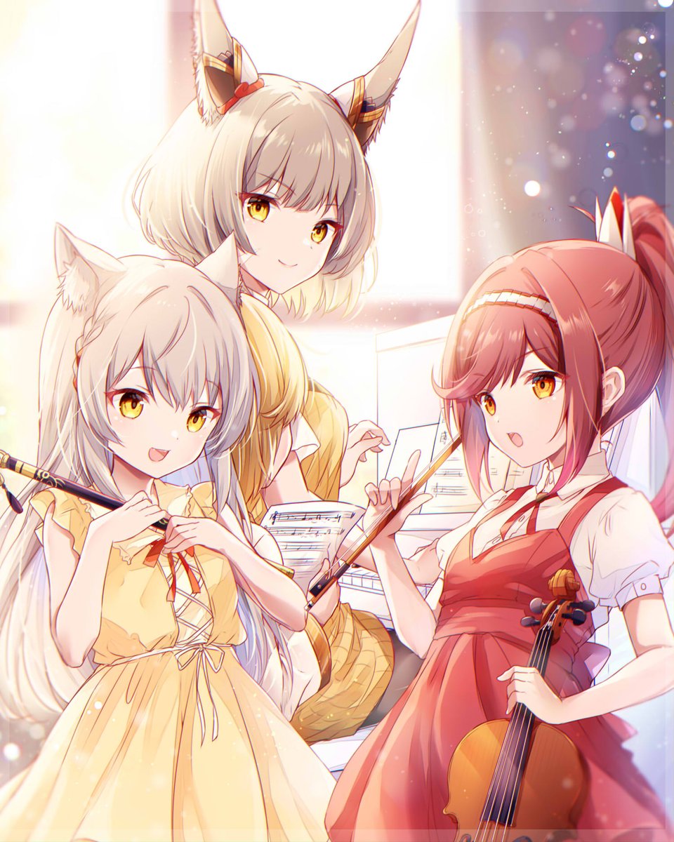 mio (xenoblade) ,nia (xenoblade) 3girls multiple girls instrument animal ears yellow dress red hair cat ears  illustration images