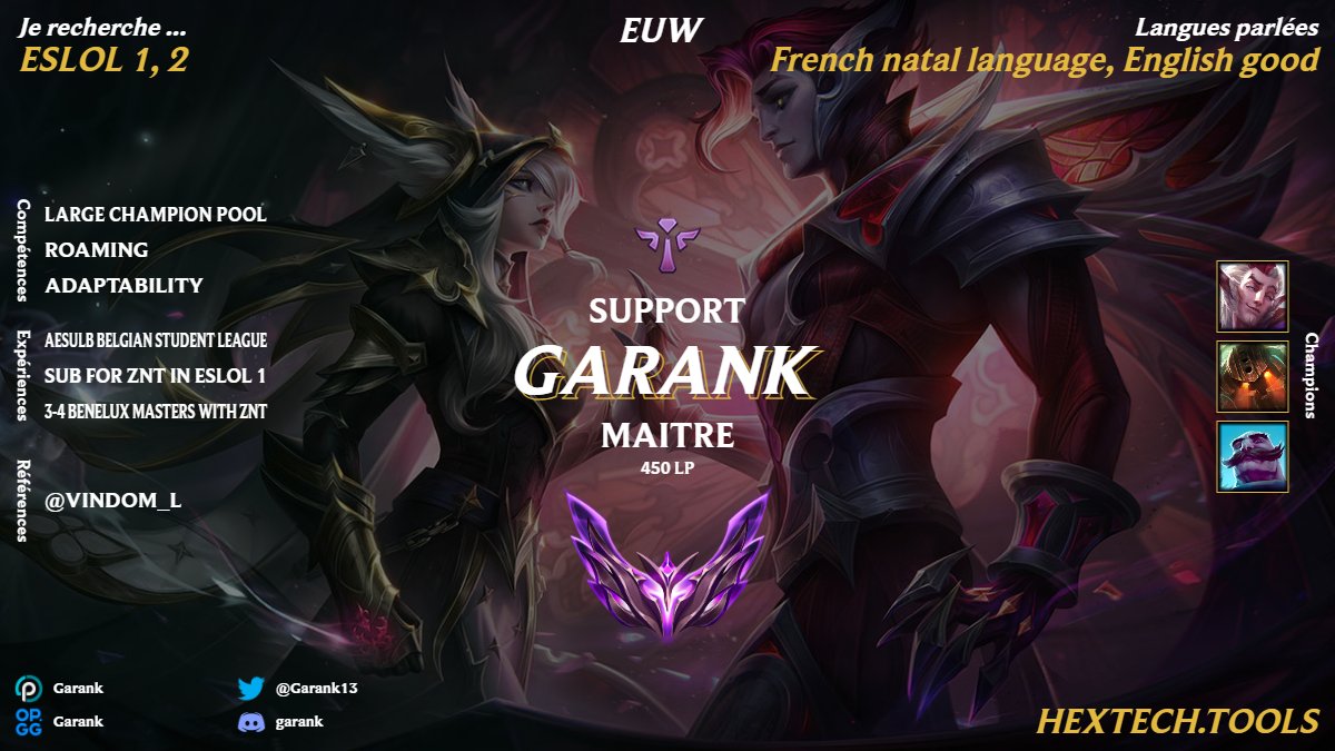 After a thrid-fourth place with #ZNT in the Benelux Masters I'm now looking for a team for the next split. 
This previous tournament made me learn a lot and I want to improve and compete on the highest benelux stage.
Mainly looking for ESLOL1 or 2!!
Peak elo GM 755 LP
Dm's open