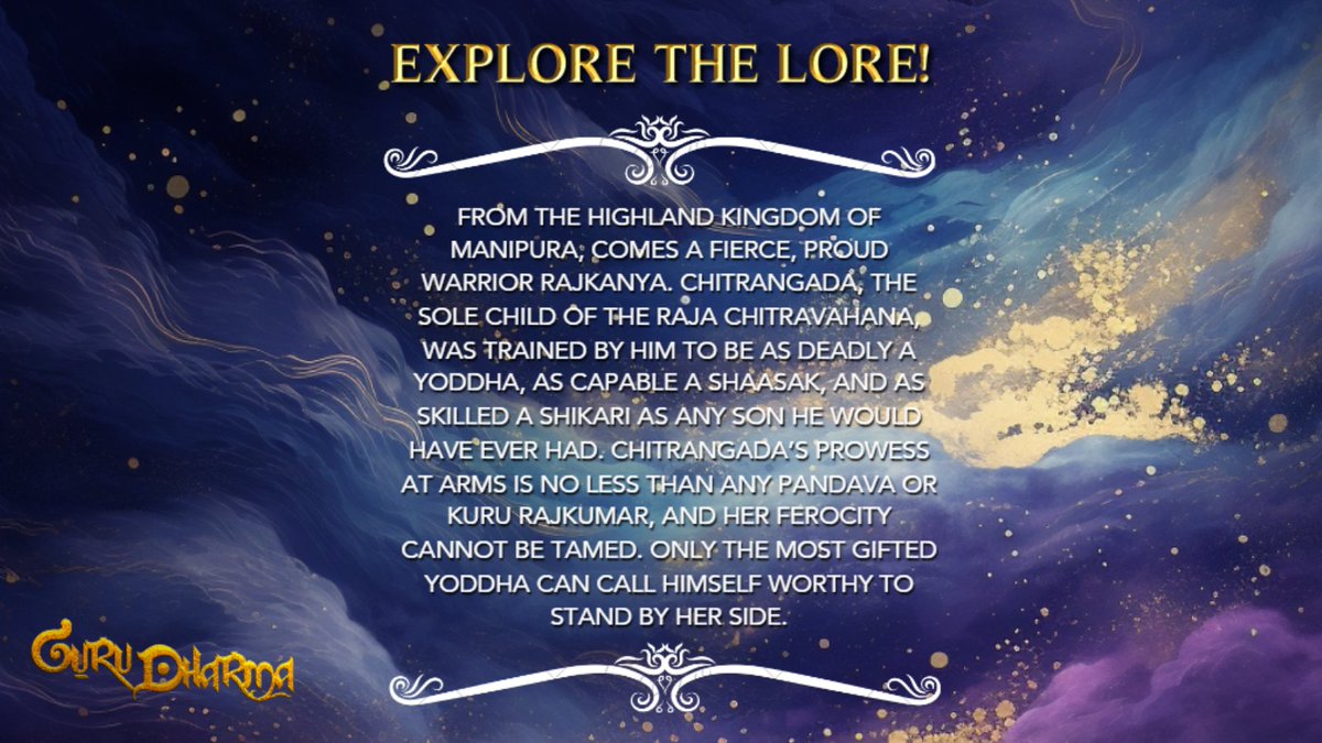 Princess Chitrangada from Manipura, a formidable force. She boldly asks 'Can any warrior match my skill?' Witness unmatched prowess and join the epic journey. #GuruDharma - The Age of Bravery #MOBA #ExploretheLore #Manipur #ComingSoon Try Open Beta - t.ly/lWKW2