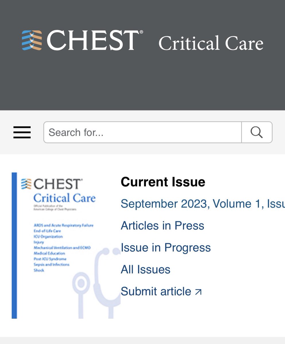 Hayley Gershengorn (@hbgmd) on Twitter photo Do you have exciting new #ICU research that’s looking for a home? 🏠
🤔 Consider submitting to CHEST Critical Care (www2.cloud.editorialmanager.com/chest-critcare…)!
As a <a href="/journal_CHEST/">CHEST® Journal</a> family member with 🏅#OpenAccess we reach a large global audience.
There’re fees 💰, but also discounts & waivers! Do you have exciting new #ICU research that’s looking for a home? 🏠
🤔 Consider submitting to CHEST Critical Care (www2.cloud.editorialmanager.com/chest-critcare…)!
As a <a href="/journal_CHEST/">CHEST® Journal</a> family member with 🏅#OpenAccess we reach a large global audience.
There’re fees 💰, but also discounts & waivers!