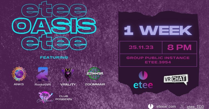 etee_tg0's tweet photo. Enjoy a slice of paradise! Join us in ONE WEEK for a night of music and dancing at the #eteeOasis VR Party!
Featuring:
@rocket_vr @anksonscreen @zoommair @vralitymusic @ClubPoseidonvr
#VR #vrchat #VRgaming #VRdancebattle #steamVR #VRparty #VRrave #virtualreality https://t.co/tLYmCKmv1I