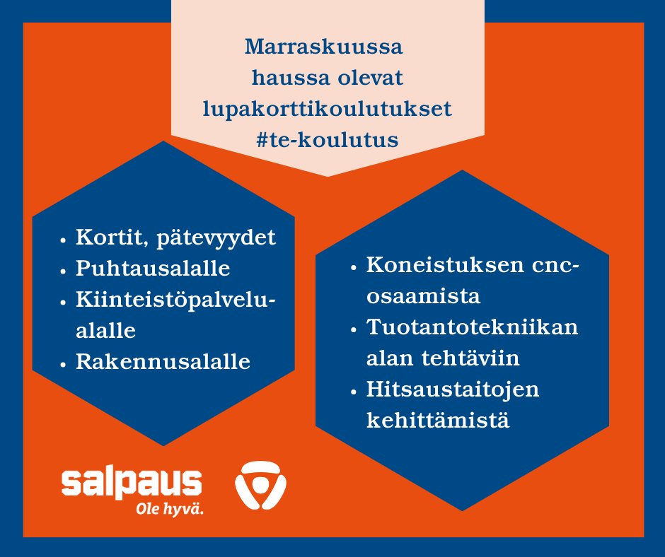 Salpaus ja TE-palvelut järjestävät jatkuvasti TE-koulutuksia. Marraskuussa haussa  useita koulutuksia. Löydät ne Salpauksen nettisivuilta täältä: bit.ly/47hZynk