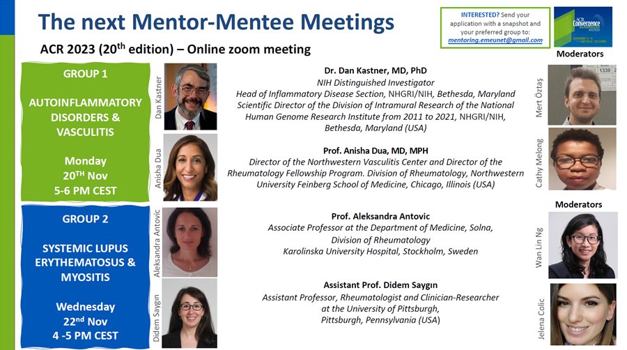 🔔Mentor member meeting with <a href="/EMEUNET/">EMEUNET</a> are a fantastic way to meet rheumatologist from around the world, and learn from both experts &amp; peers
🔔 Join us online on 20th &amp; 22nd Nov for the #ACR23 edition 
🔔Email: mentoring.emeunet@gmail.com with your name, country, preferred date