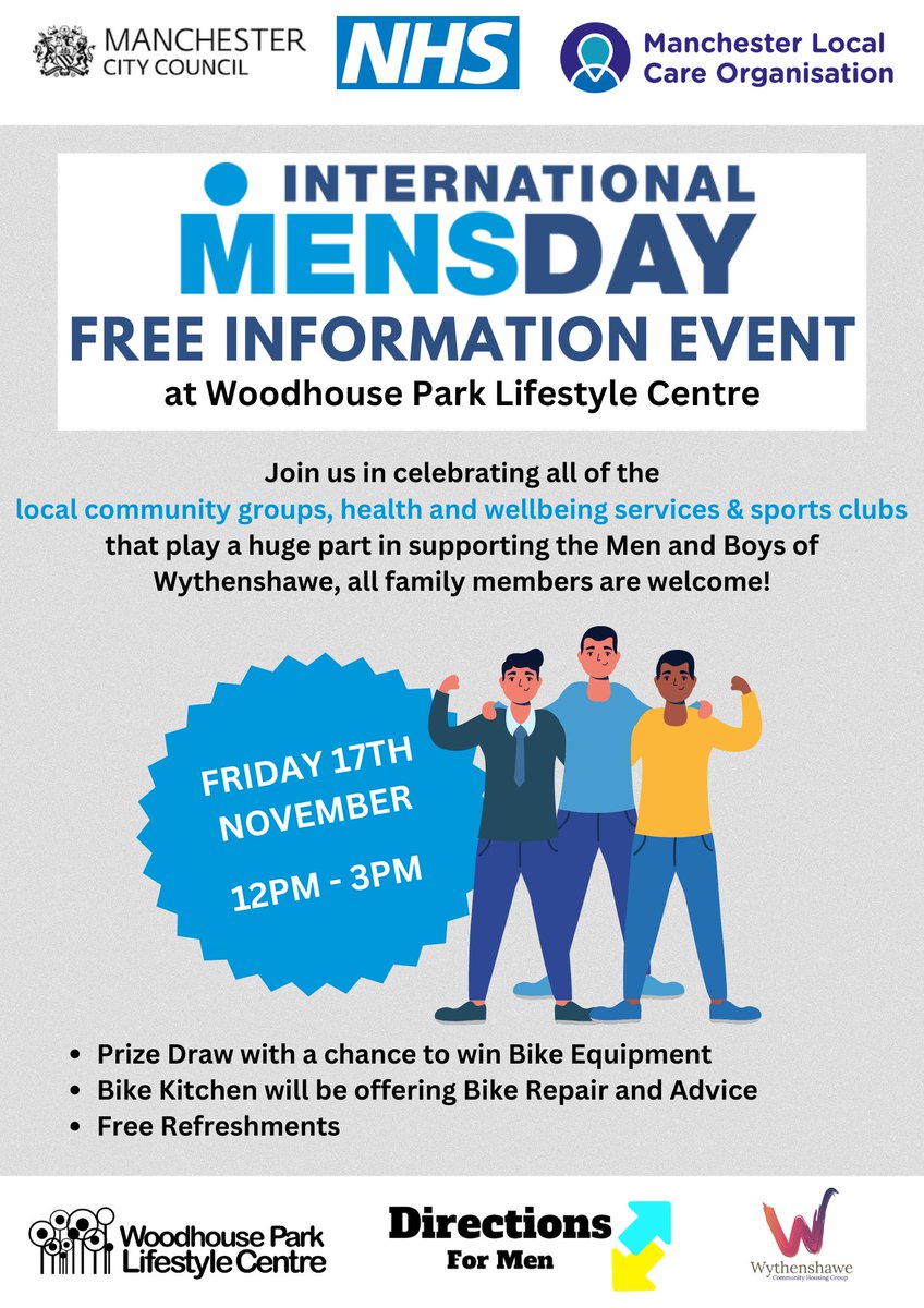 Manchester City Council will be joining @Directions4Men and other community services for International Men's Day TODAY between 12pm -3pm. It will be great to see you @WPLifestyleCent M22 1QW, there will be information and free activities.
